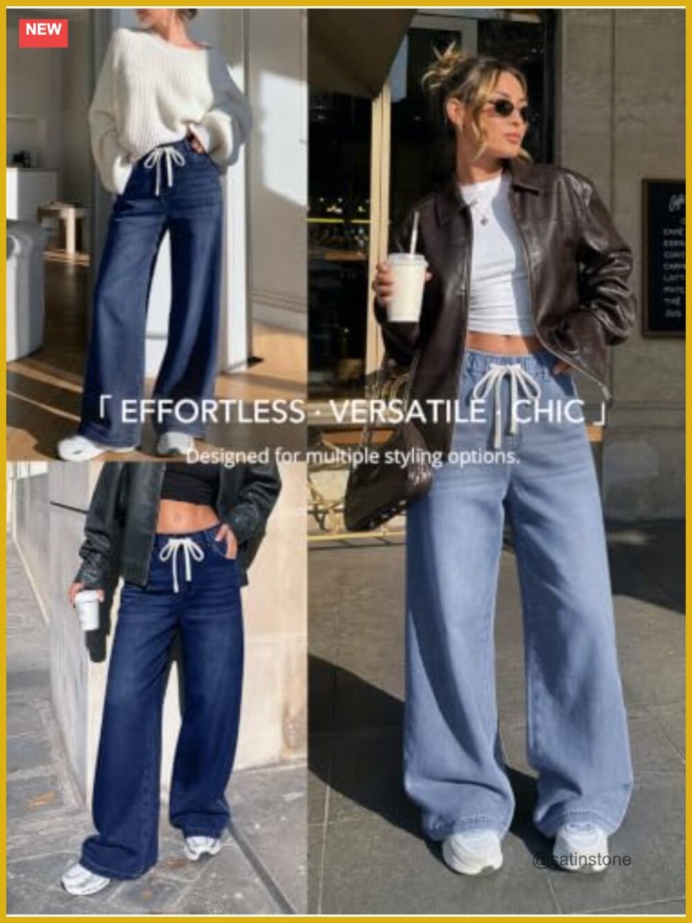 Wide Leg Jeans Stretchy Drawstring Waist Baggy Denim Pants - Picture 5 of 5